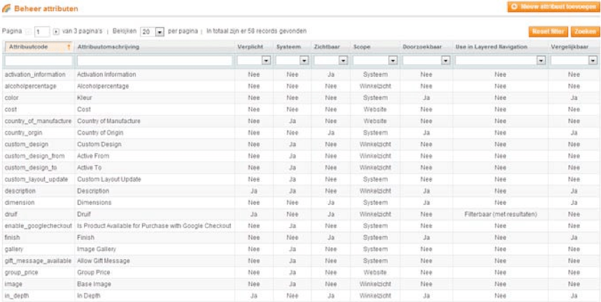 Screenshot admin panel beheer attributen Magento 1