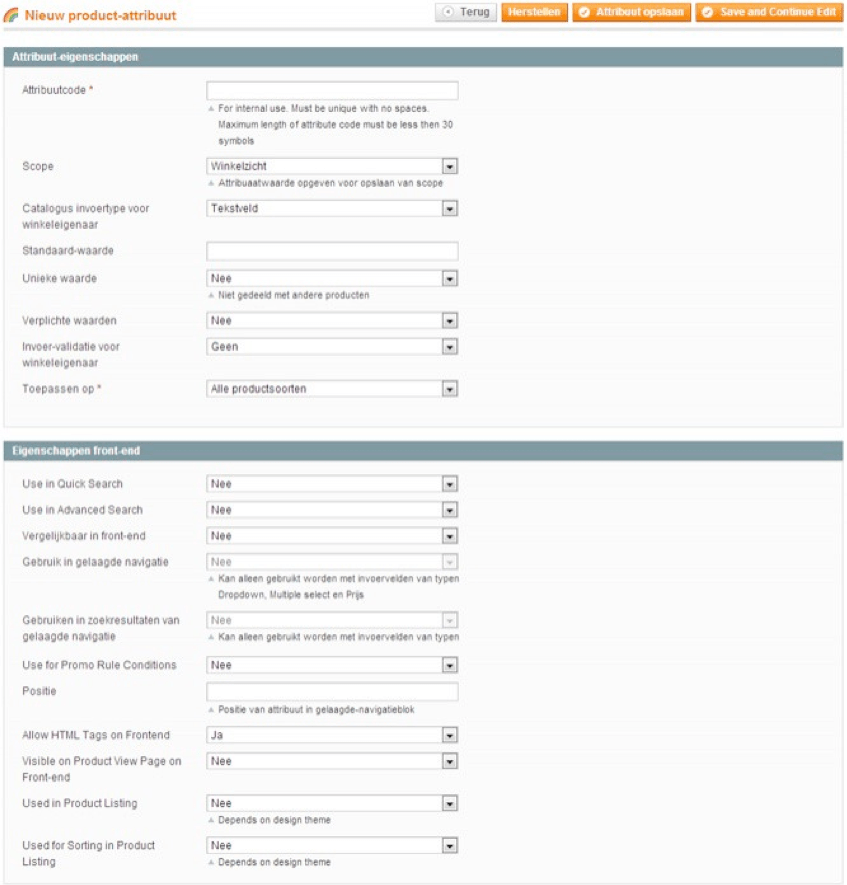 Screenshot nieuw product attribuut toevoegen Magento 1