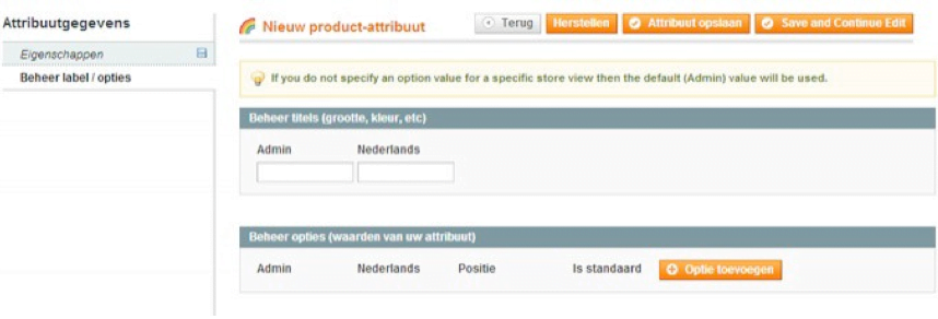 Screenshot product attribuut beheer label/opties Magento 1
