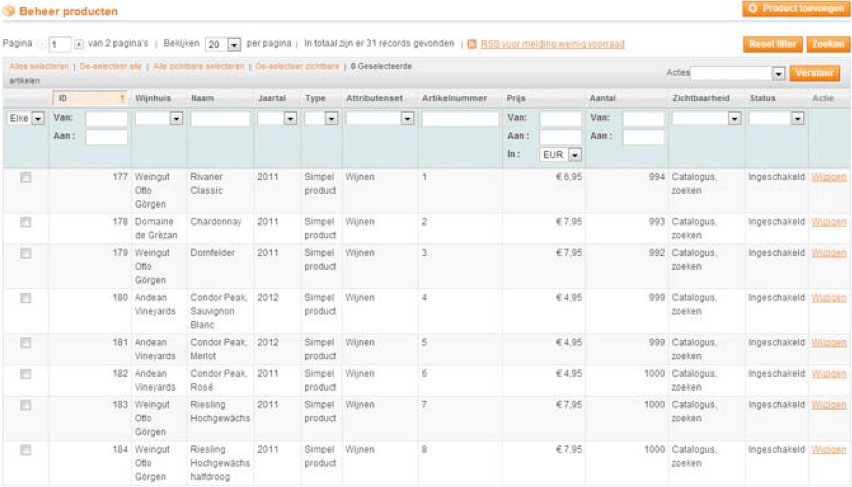 Screenshot beheer producten grid Magento 1