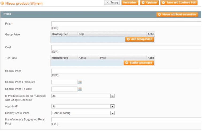 Screenshot nieuw product prijzen Magento 1