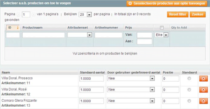 Screenshot selectie producten toevoegen Magento 1