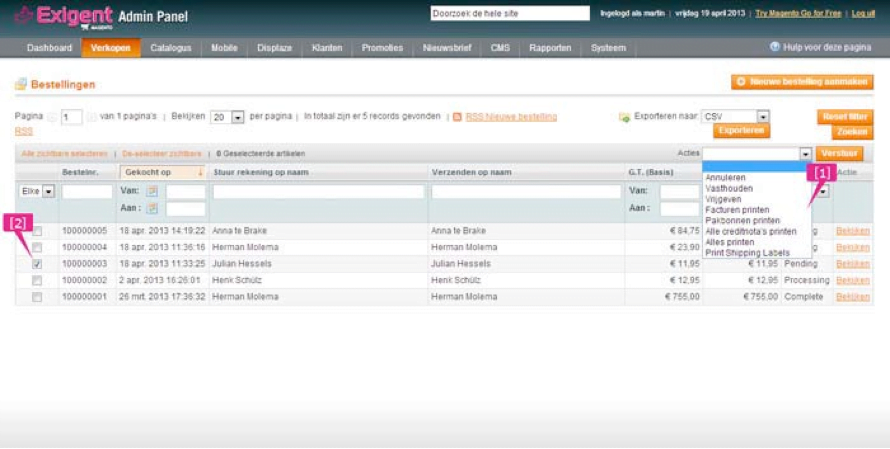 Screenshot bestellingen beheren filtering Magento 1