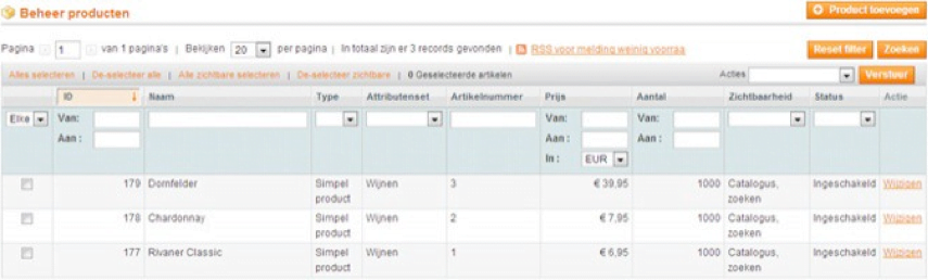 Screenshot beheer producten pagina Magento 1