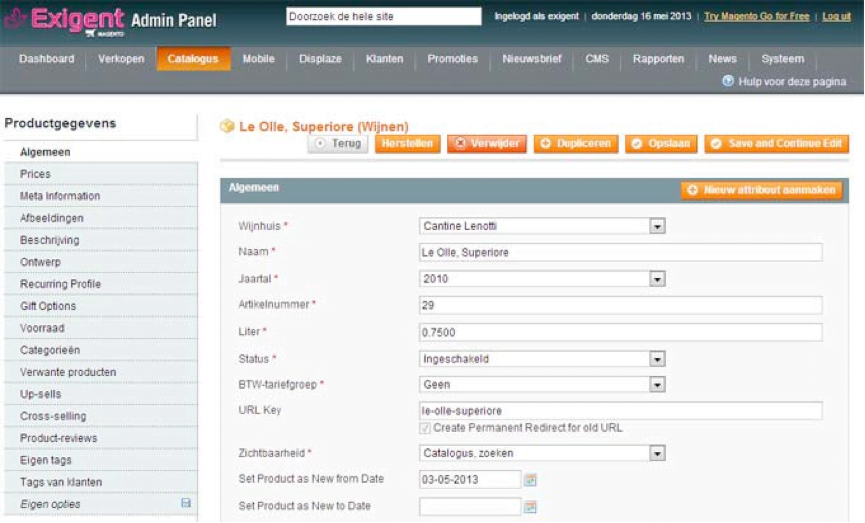 Screenshot productgegevens admin Magento 1