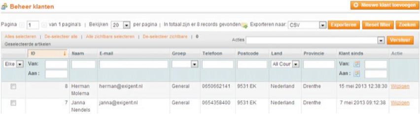 Screenshot klanten beheer Magento 1