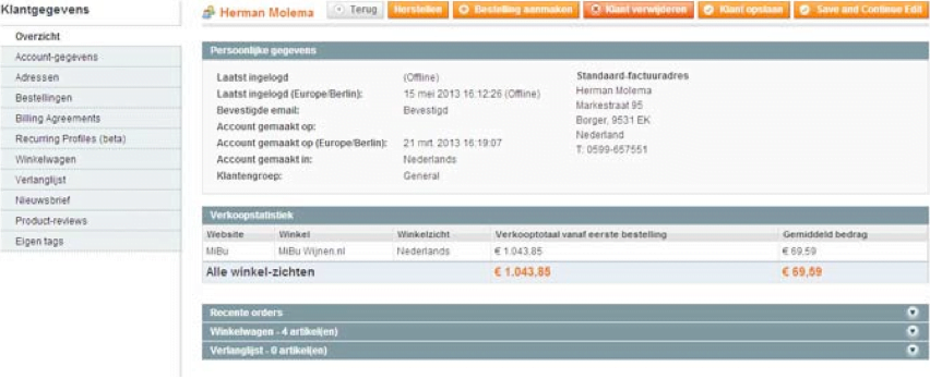 Screenshot klantgegevens Magento 1