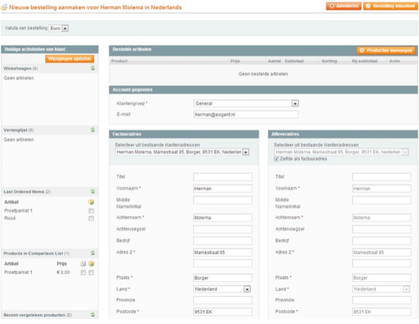 Screenshot nieuwe bestelling klant Magento 1