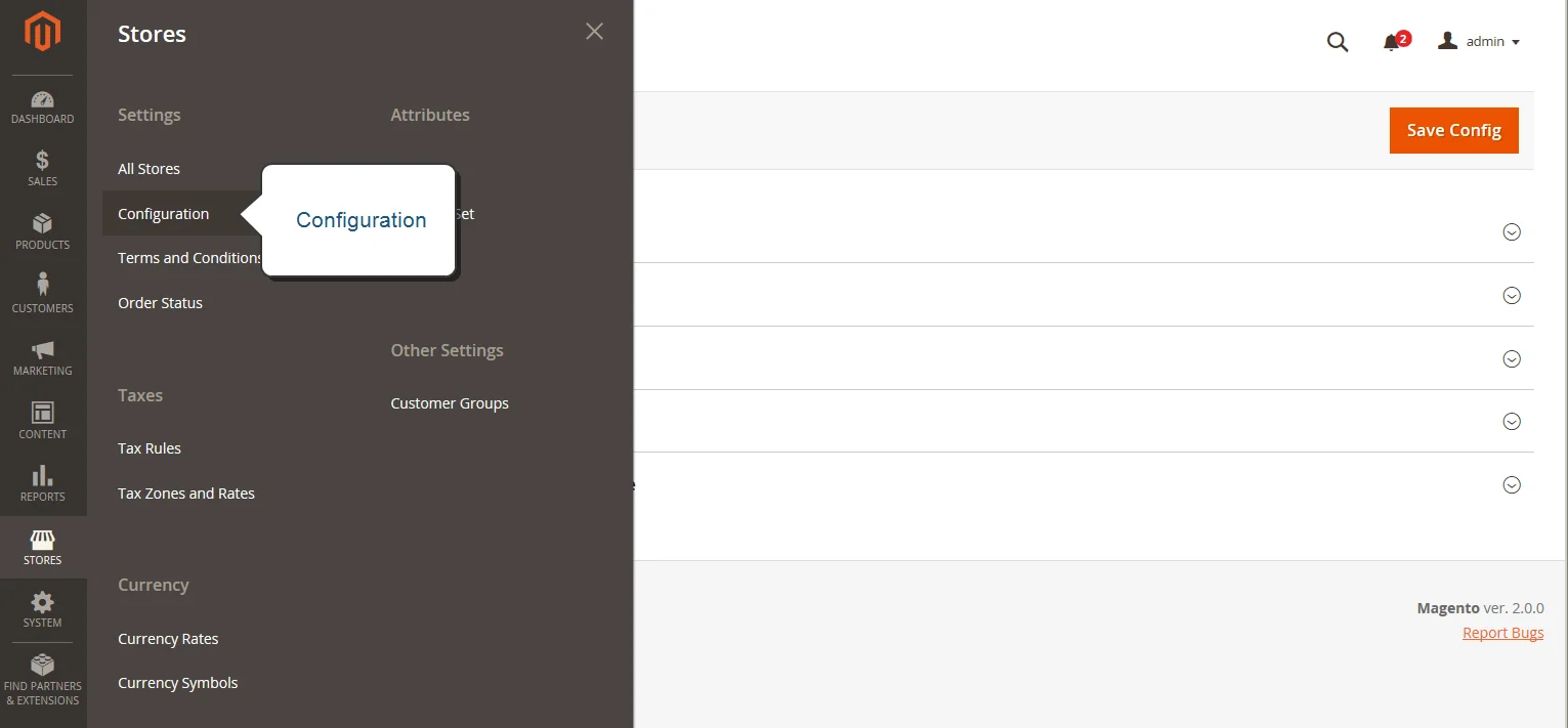 Screenshot stores configuration admin panel Magento 2