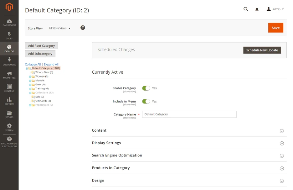 Screenshot categorieën overzicht Magento 2