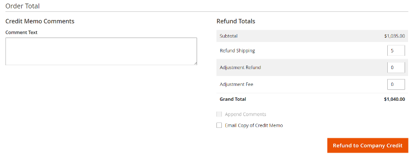 Screenshot refund to company credit Magento 2