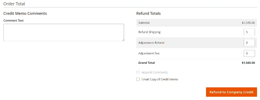 Screenshot refund to company credit Magento 2