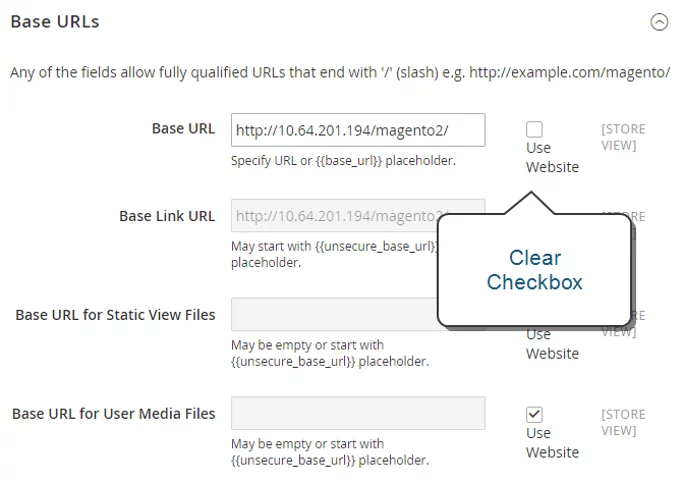 Screenshot base url store Magento 2