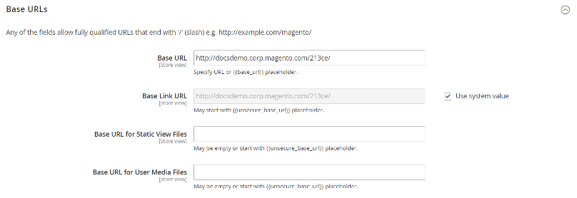 Screenshot base url configureren Magento 2