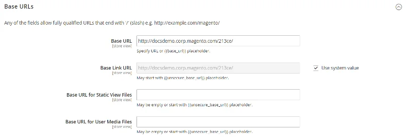 Screenshot base url configureren Magento 2