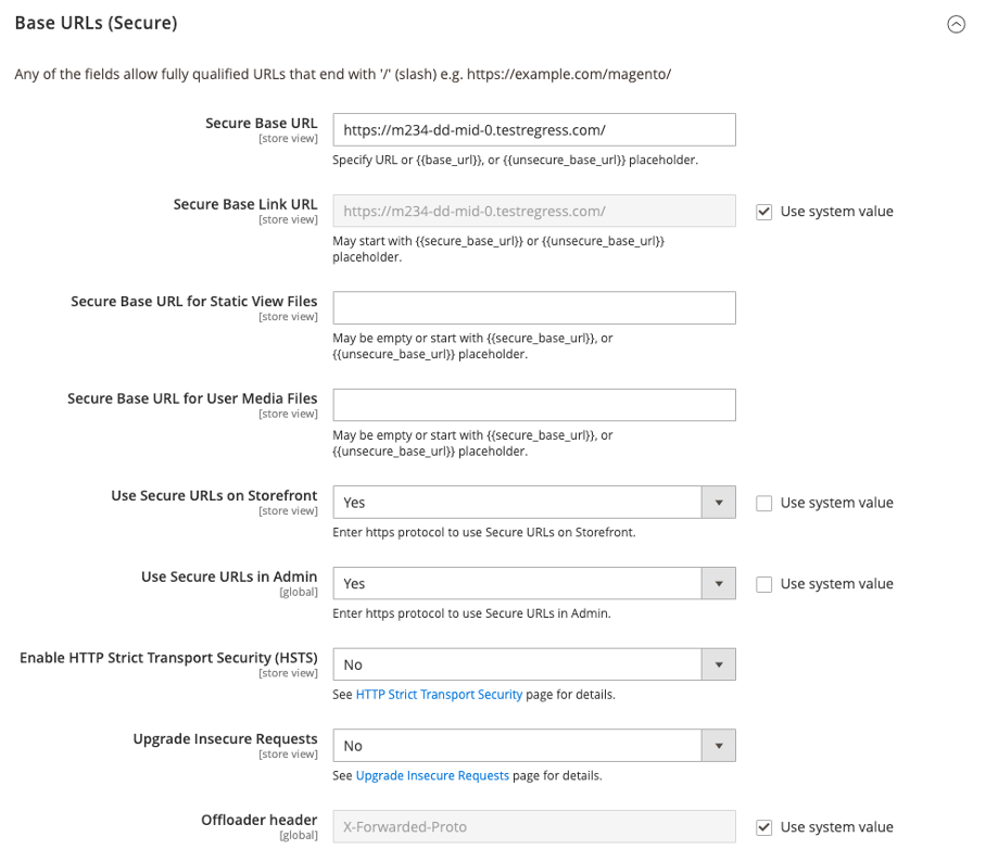 Screenshot base secure url configureren Magento 2