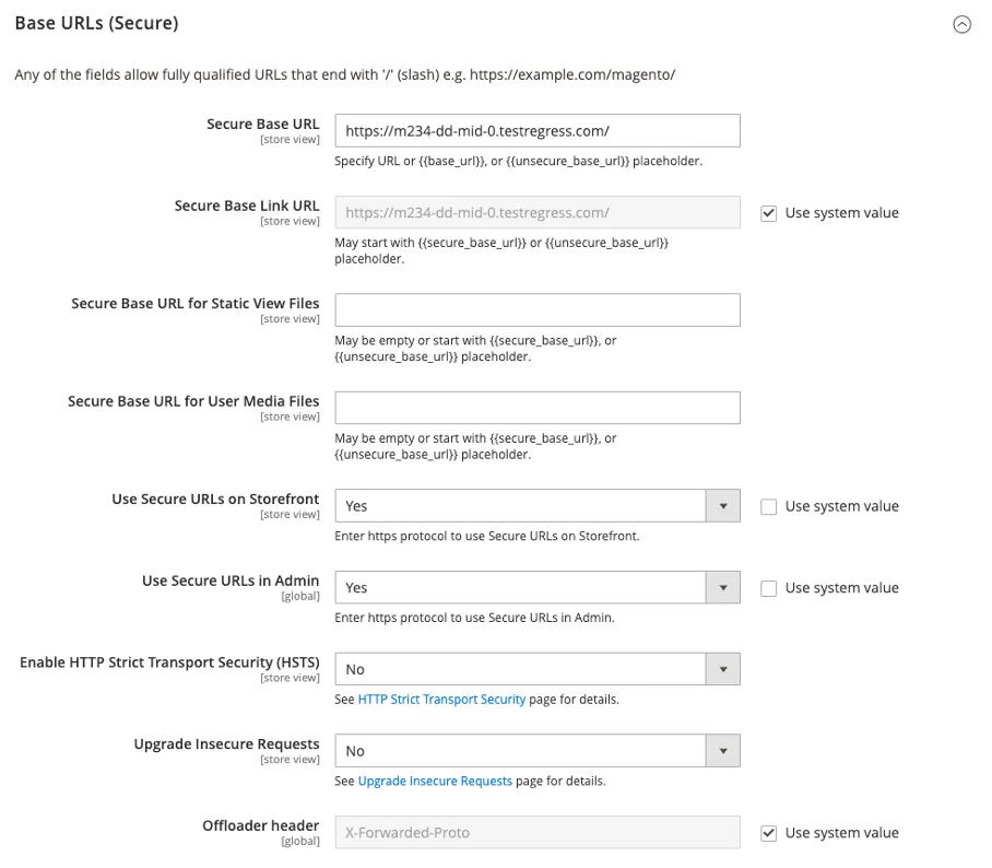 Screenshot base secure url configureren Magento 2