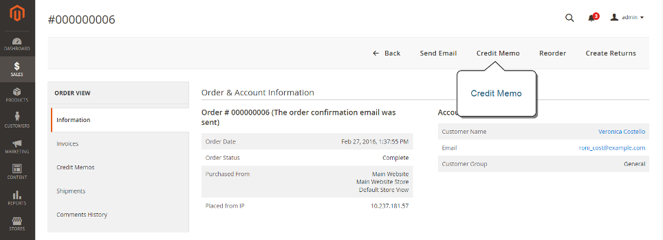 Screenshot credit memo aanmaken Magento 2