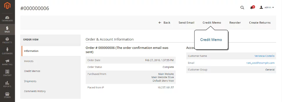Screenshot credit memo aanmaken Magento 2