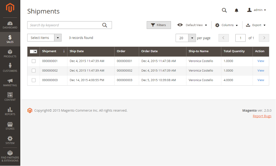Screenshot shipments overzicht Magento 2