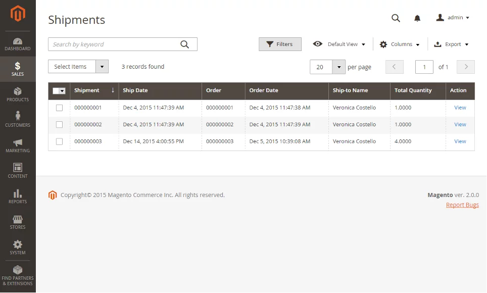Screenshot shipments overzicht Magento 2