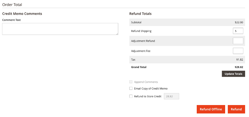Screenshot refund online/offline Magento 2