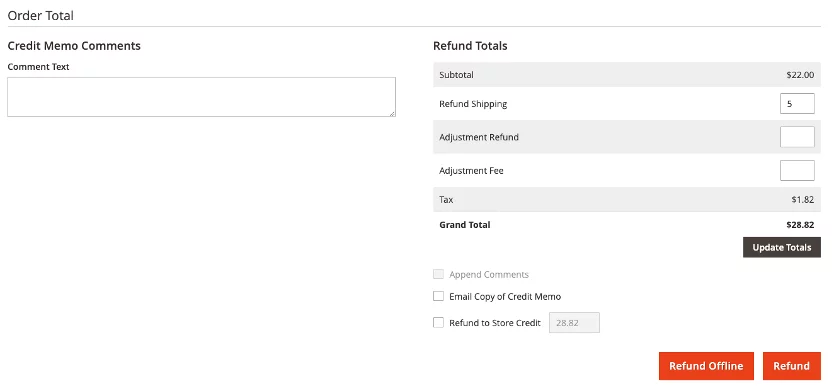 Screenshot refund online/offline Magento 2