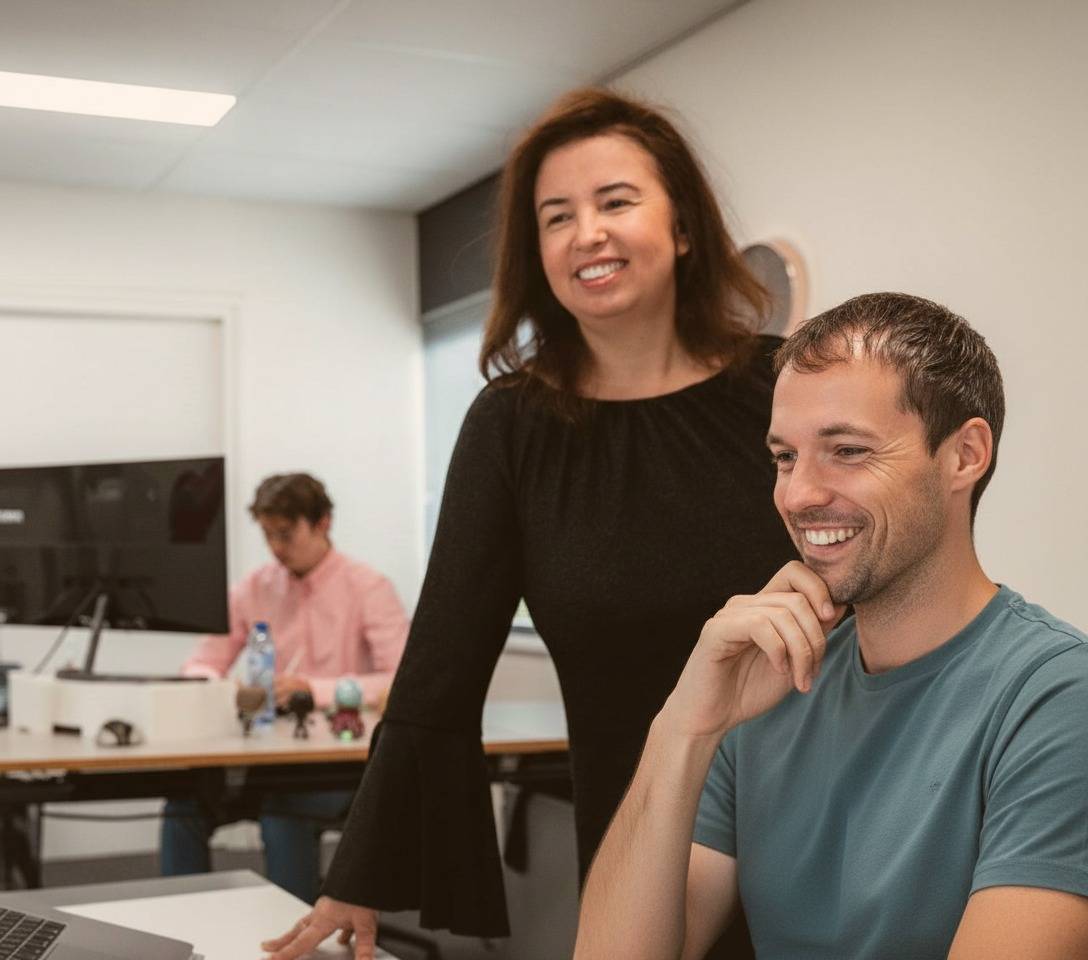 Man en vrouw kijken naar beeldscherm. Op de achtergrond een man aan een bureau. 