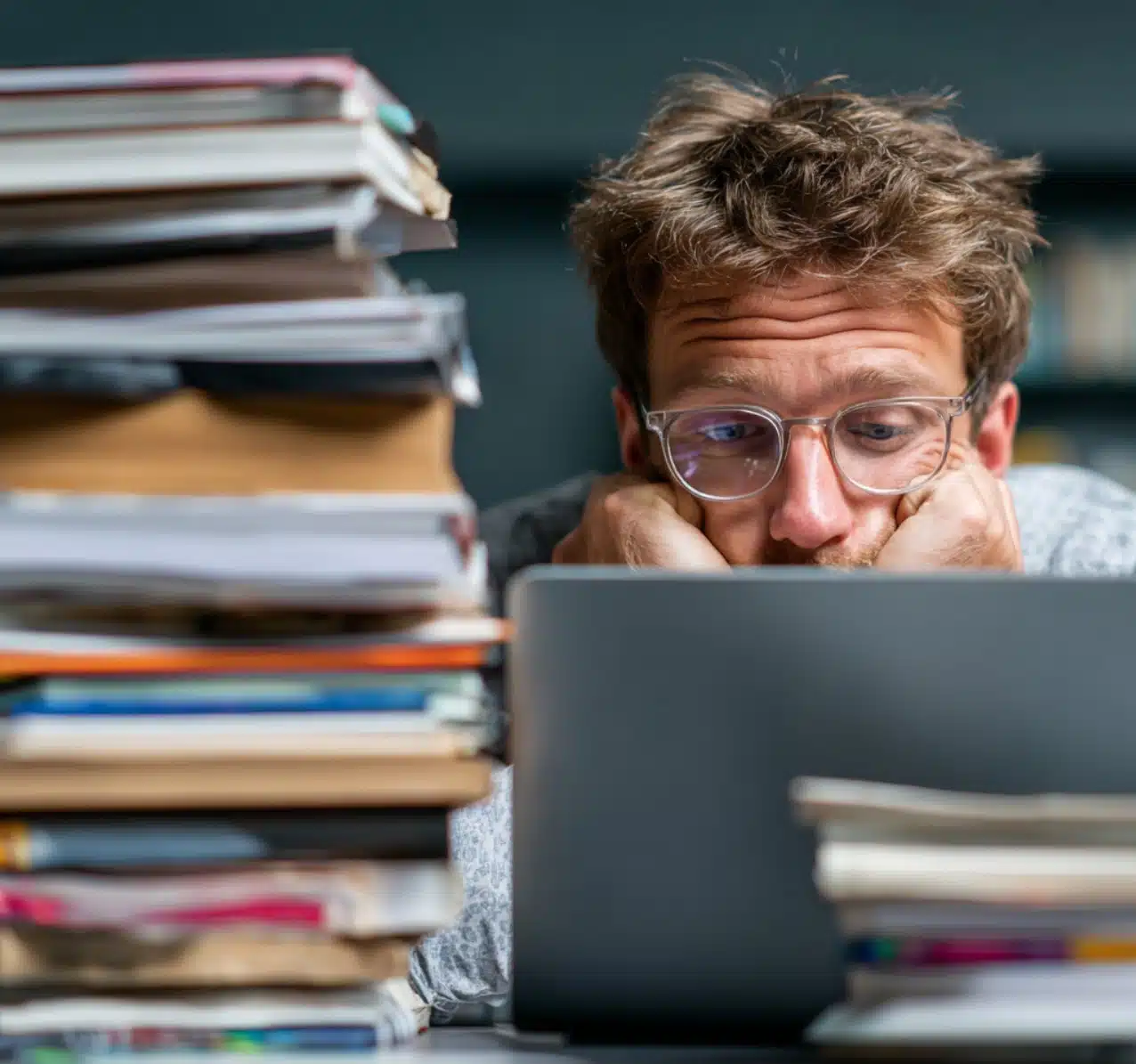 Medewerker met stress en boeken
